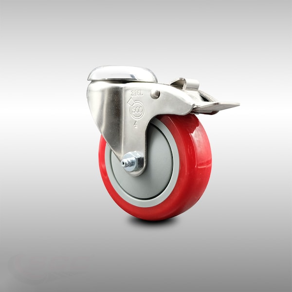 4 Inch 316SS Red Polyurethane Swivel Bolt Hole Caster with Total Lock Brake